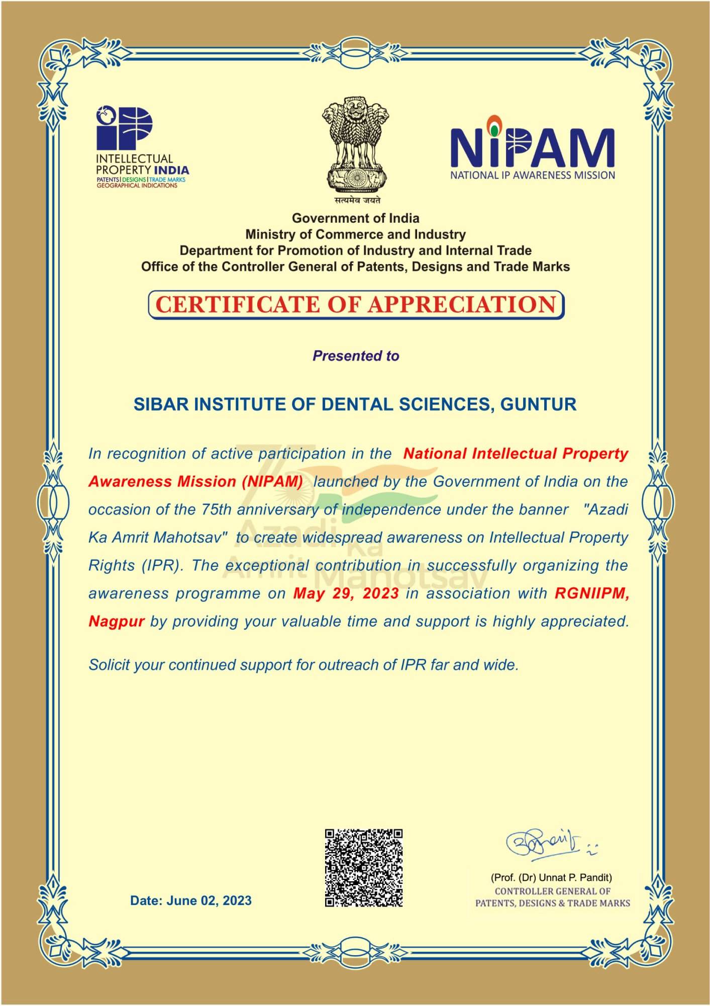 NIPAM – Certificate of Appreciation